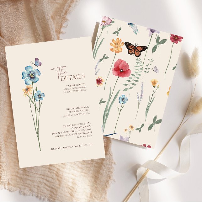 Einfache Blue Wildblume Butterfly Hochzeitdetails Begleitkarte (Simple Blue Wildflower Butterfly Wedding Details Enclosure Card)
