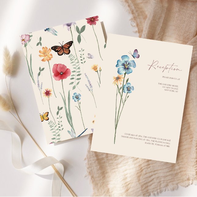 Einfache Blue Wildblume Butterfly Hochzeitsempfehl Begleitkarte (Simple Blue Wildflower Butterfly Wedding Reception Enclosure Card)
