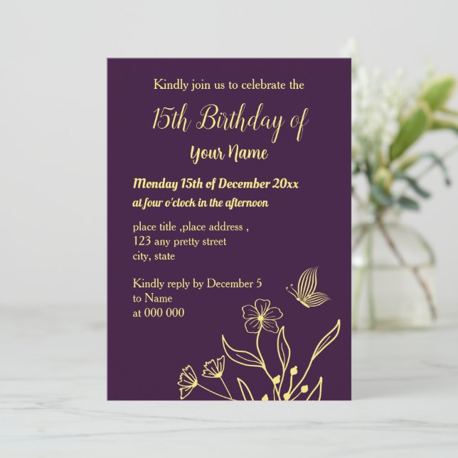 Einfache Blume aus Gold lila Einladung (Stehend Vorderseite)