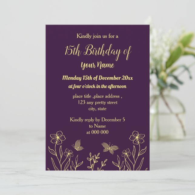 Einfache Blume aus Gold lila Einladung (Stehend Vorderseite)