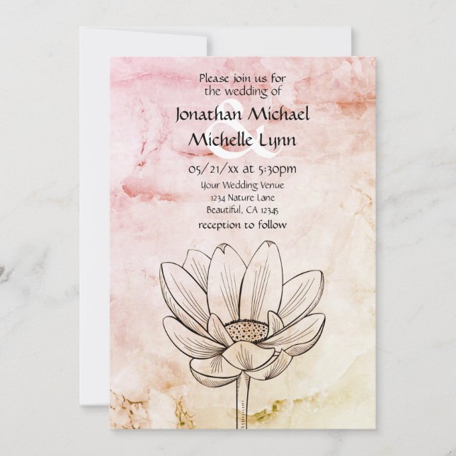 Einfache Blume Lotus | Rosa Goldmarmor Bkg Hochzei Einladung (Vorderseite)