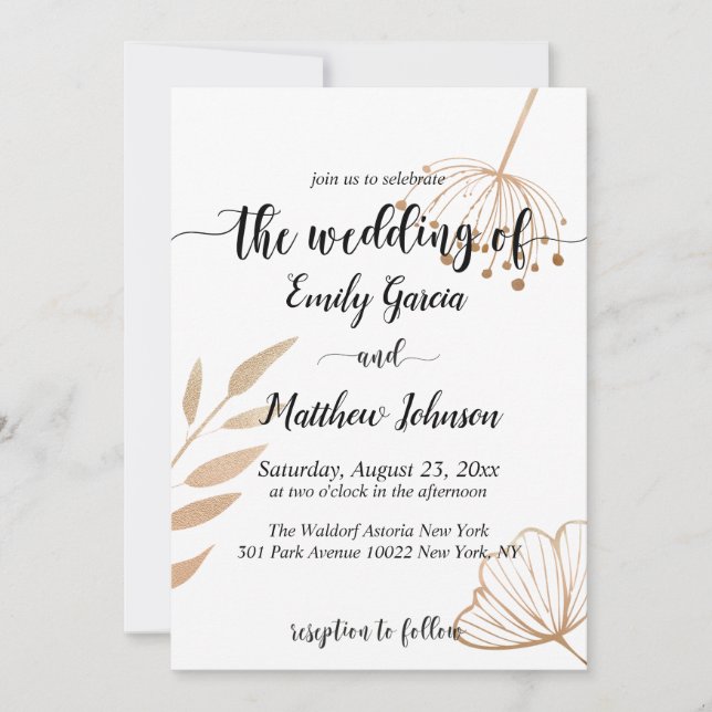 Einfache Blumenbotaniqe Gold Foil Wedding Einladung (Vorderseite)