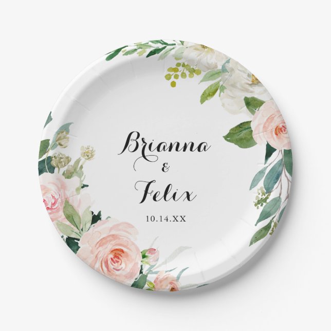 Einfache Blumenkalligrafie Hochzeitstorte Pappteller (Vorderseite)