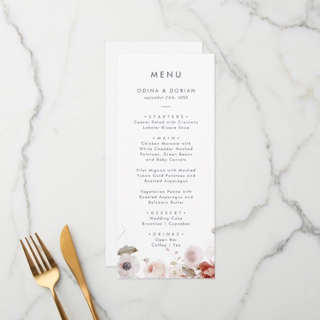 Einfache Blumenkarte zum Abendessen Menükarte (Vorderseite/Rückseite Beispiel)