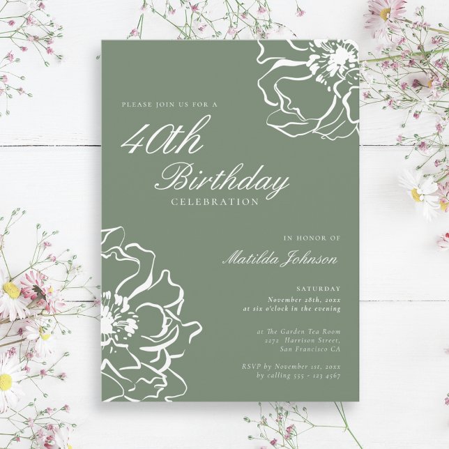 Einfache Blumenpracht 40. Geburtstag Party Einladung (Simple Floral Sage 40th Birthday Party Invitation)