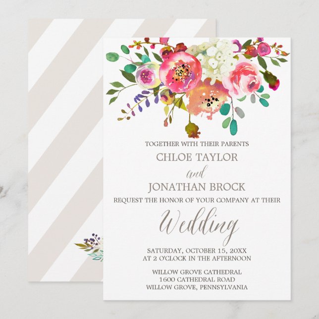 Einfache Blumenwatercolor Bouquet Wedding Einladung (Vorne/Hinten)