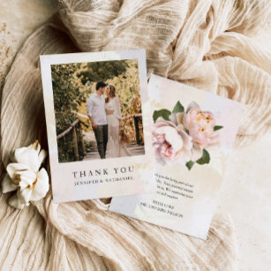 Einfache Blush Blume Foto Hochzeit Danke Karte