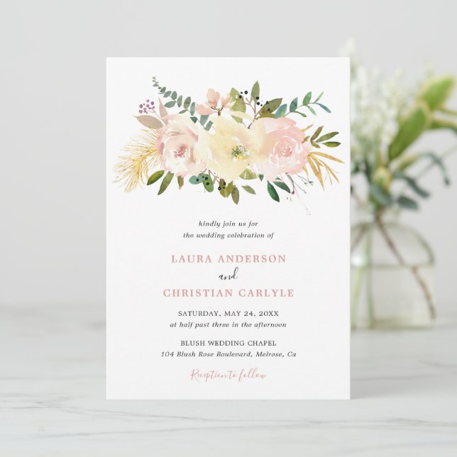 Einfache Blush Pink Floral Elegante Hochzeit Einladung (Stehend Vorderseite)