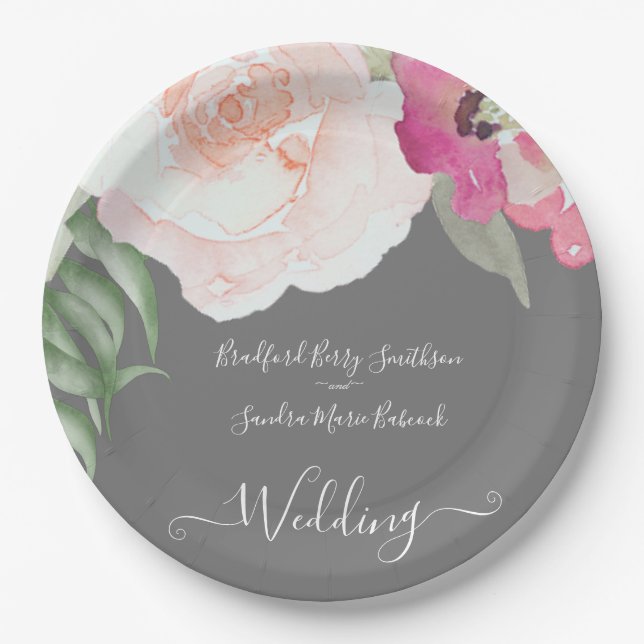 Einfache Blush Pink Fushia Blumenhochzeit Pappteller (Vorderseite)