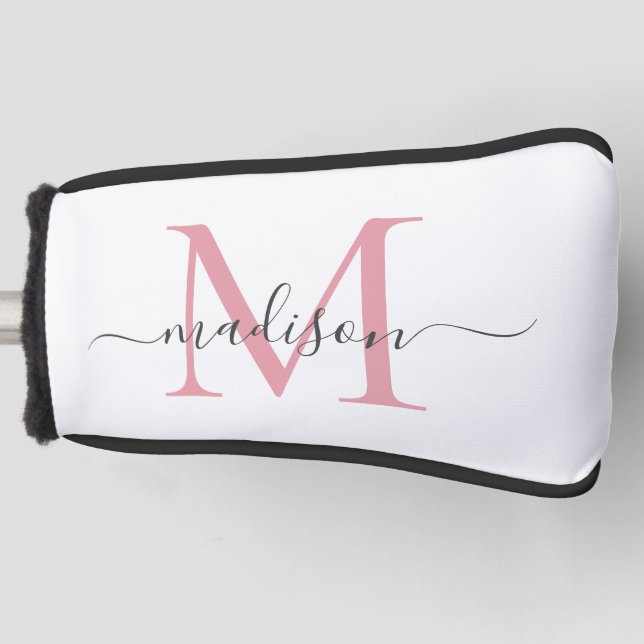 Einfache Blush Pink Grau Monogram Feminine Script Golf Headcover (Vorderseite)