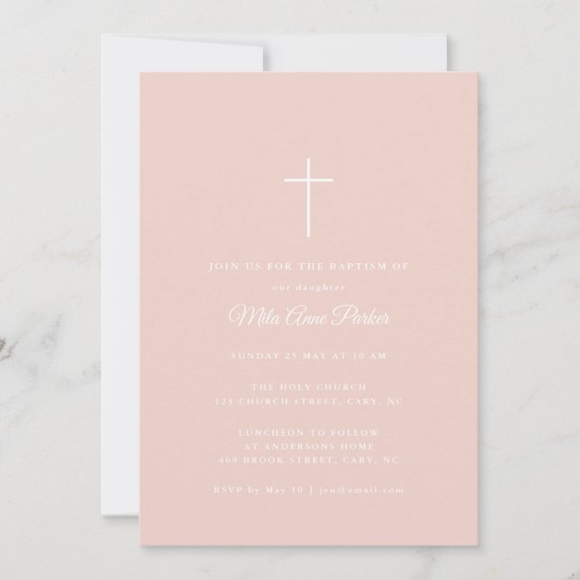 Einfache Blush Pink & White Cross Baby Girl Taufe Einladung (Vorderseite)