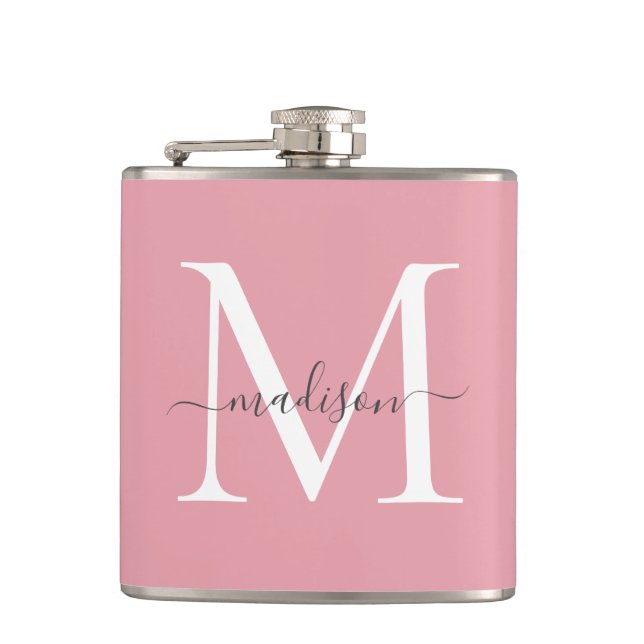 Einfache Blush Pink White Gray Monogram Script Nam Flachmann (Vorderseite)