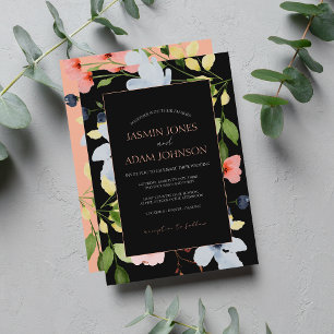 Einfache Boho Black and Pink Floral Wedding Einladung