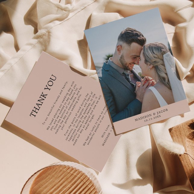 Einfache Boho Creme Beige mit Foto Hochzeit Dankeskarte (Von Creator hochgeladen)