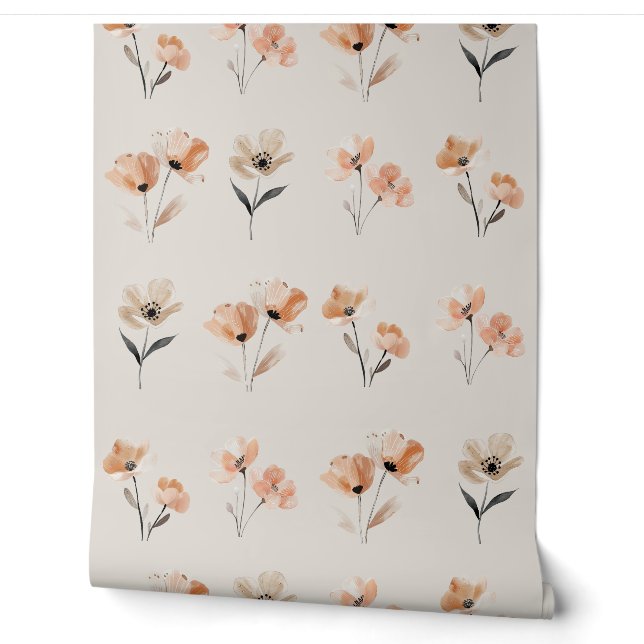 Einfache Boho Poppy Blume Druckbeige Tapete (Abrollen)