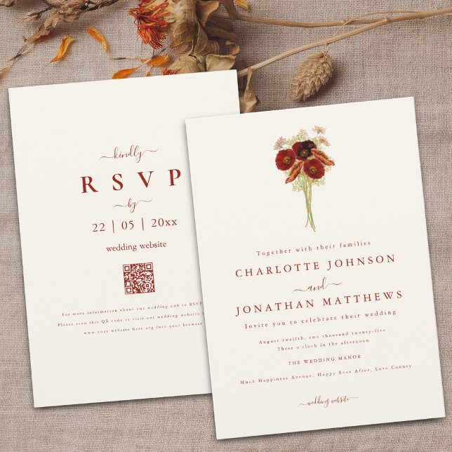 Einfache Boho-Wildblumen-Braun-Orange-Hochzeit Einladung (Wildflower bouquet brown orange watercolor floral Wedding QR Code invitation)