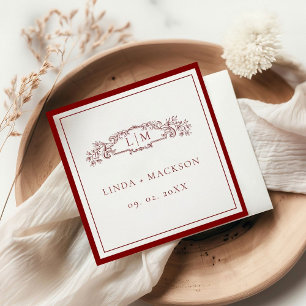 Einfache Bordeaux-Hochzeit mit botanischem Wappen Serviette