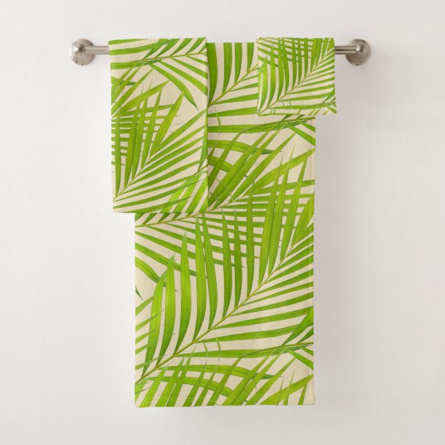 Einfache botanische Grünpalme-Blätter auf Beige Badhandtuch Set (Insitu)