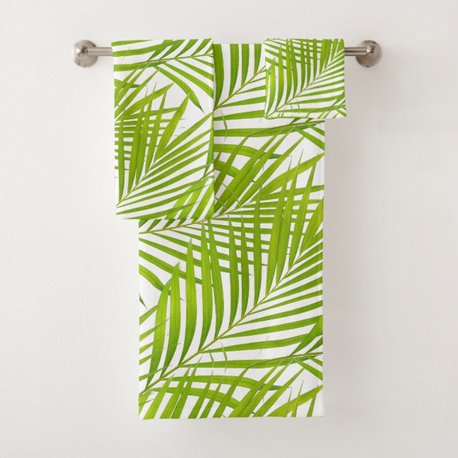 Einfache botanische Grünpalme-Blätter auf Weiß Badhandtuch Set (Insitu)