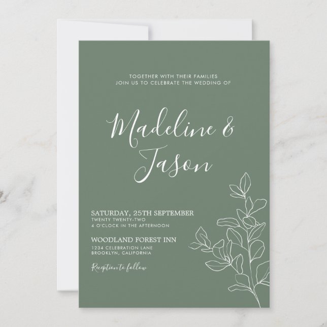 Einfache botanische Hochzeit mit Flora und Fauna Einladung (Vorderseite)