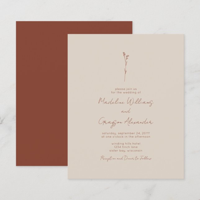 Einfache Botanische Linie Einladung zur Hochzeit (Vorne/Hinten)