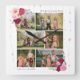 Einfache botanische Mama 6 Geschenke für Fotosamm Quadratische Wanduhr
