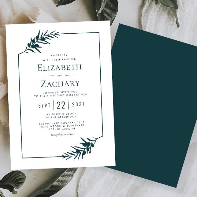 Einfache botanische Rahmen Smaragdgrüne Hochzeit Einladung (Von Creator hochgeladen)