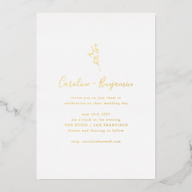 Einfache botanische Schrift Boho Hochzeit Elegante Folieneinladung (Vorderseite)