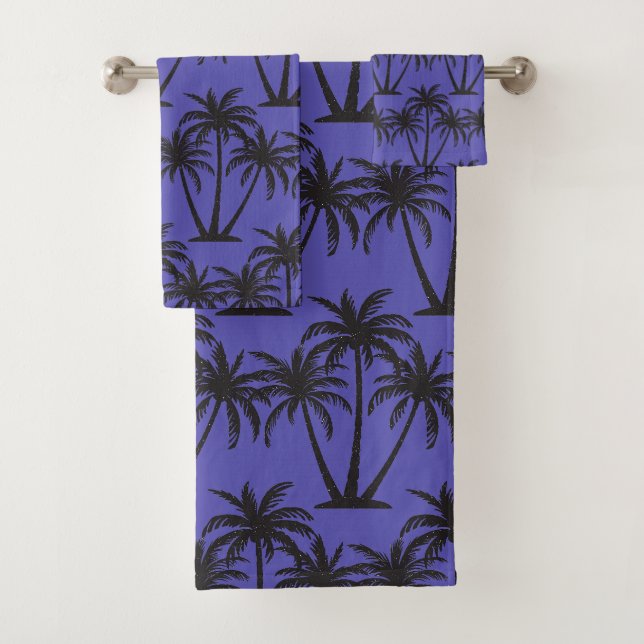 Einfache botanische schwarze Palmen auf blau Badhandtuch Set (Insitu)