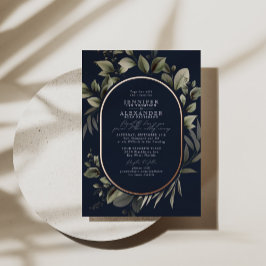 Einfache Botanische und UAWG QR Code Navy Hochzeit Folieneinladung