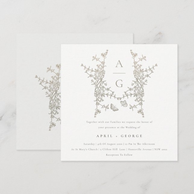 Einfache Botanische Wappen-Monogramm-Hochzeit Einladung (Vorne/Hinten)