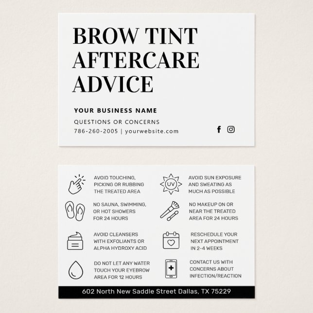 Einfache Brow Tint Aftercare Instructions Card (Vorne & Hinten)