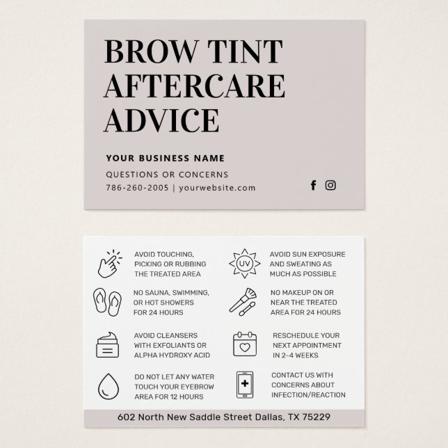 Einfache Brow Tint Aftercare Instructions Card (Vorne & Hinten)