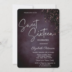 Einfache Burgund Glitzer Tropfen Sweet 16 Einladung