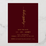 Einfache Burgund handgeschriebener Luxus Save the  Folie Einladungspostkarte<br><div class="desc">Einfache moderne Minimalistische Script Burgundy Save the Date Foil PostCards.</div>