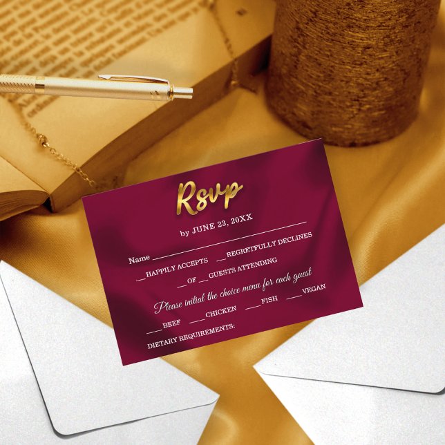 Einfache Burgund und Gold Elegante Script Hochzeit RSVP Karte (Von Creator hochgeladen)