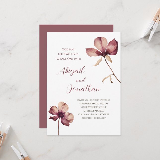 Einfache Burgund-Wildblumen Christliche Hochzeit Einladung (Vorderseite/Rückseite Beispiel)