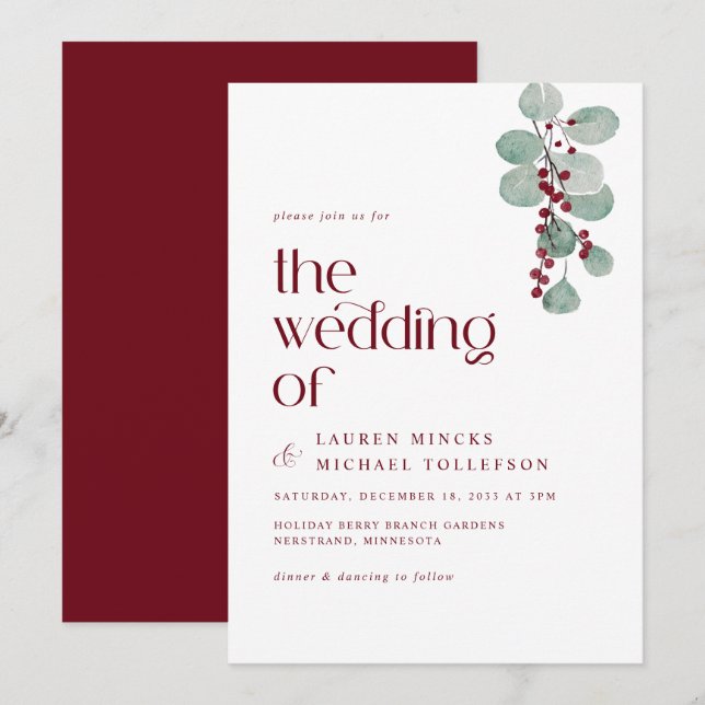 Einfache Burgunder Weinkeller Winterhochzeit Moder Einladung (Vorne/Hinten)