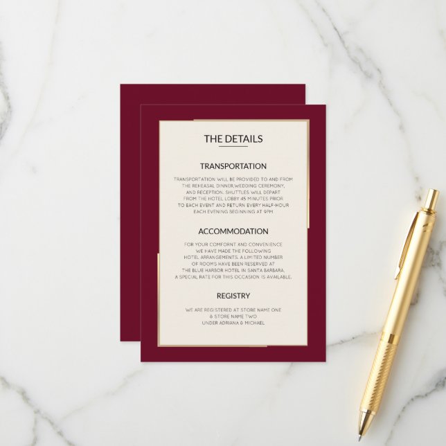 Einfache Burgundy Wedding Details Einschlusskarte Begleitkarte (Vorderseite/Rückseite Beispiel)