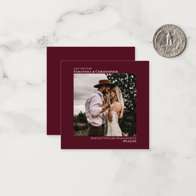 Einfache Burgundy Wedding Speichern Sie das Date F Mitteilungskarte (Vorderseite/Rückseite Beispiel)