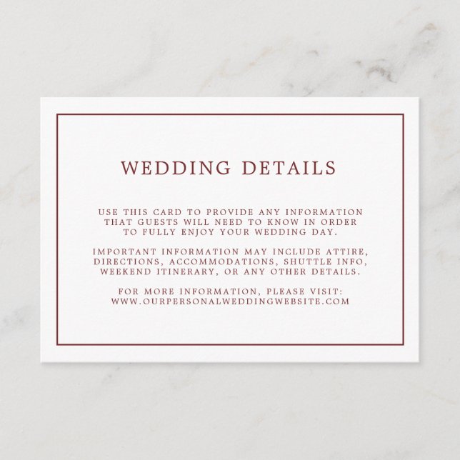Einfache Burgundy White Minimalistisch Wedding Det Begleitkarte (Vorderseite)