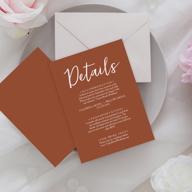 Einfache Burnt Orange Script Boho Wedding Details Begleitkarte (Von Creator hochgeladen)