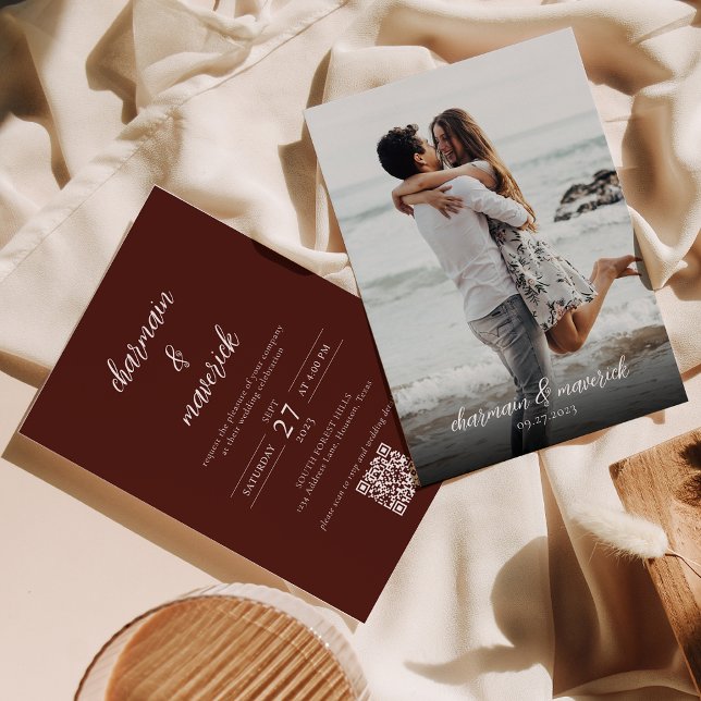 Einfache Burnt Orange Script Foto QR Code Hochzeit Einladung (Von Creator hochgeladen)