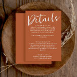 Einfache Burnt Orange Terracotta Hochzeit Details Begleitkarte<br><div class="desc">Eine elegante und einfache minimalistisch boho orange Hochzeitszelt Details Karte. Die minimalistische Vorlage mit verbranntem orangen Hintergrund. Und weiß-whimsical chic DETALIS Text Skript allein mit der anpassbaren Kalligraphie.</div>