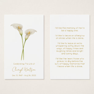Einfache Calla-Lilien-Trauer-Gedenk-Gebetskarte
