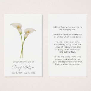 Einfache Calla-Lilien-Trauer-Gedenk-Gebetskarte