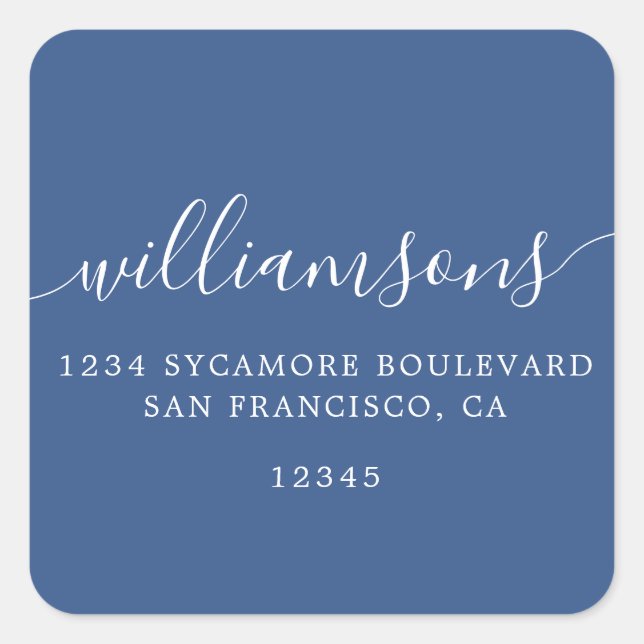 Einfache Calligrafie Classic Blue Rücksendeadresse Quadratischer Aufkleber (Vorderseite)