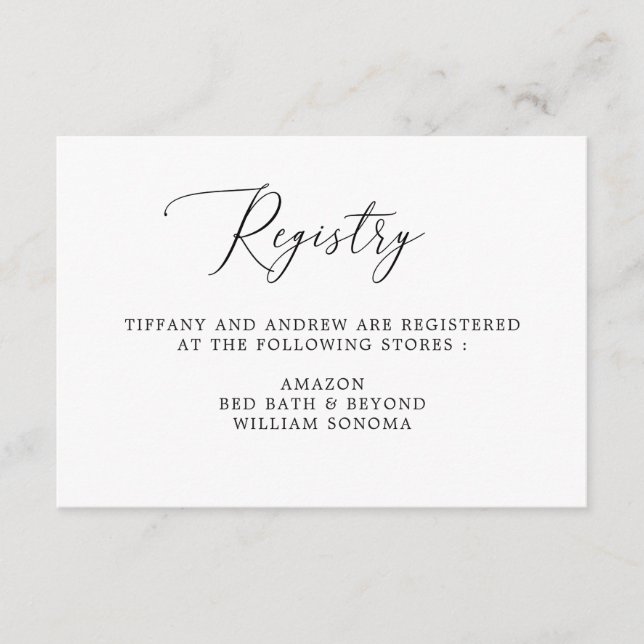 Einfache Calligraphy Wedding Gift Registry Cards Begleitkarte (Vorderseite)