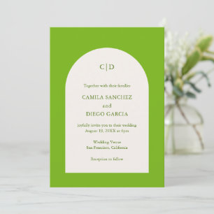 Einfache Chartreuse Monogram Arch Moderne Hochzeit Einladung