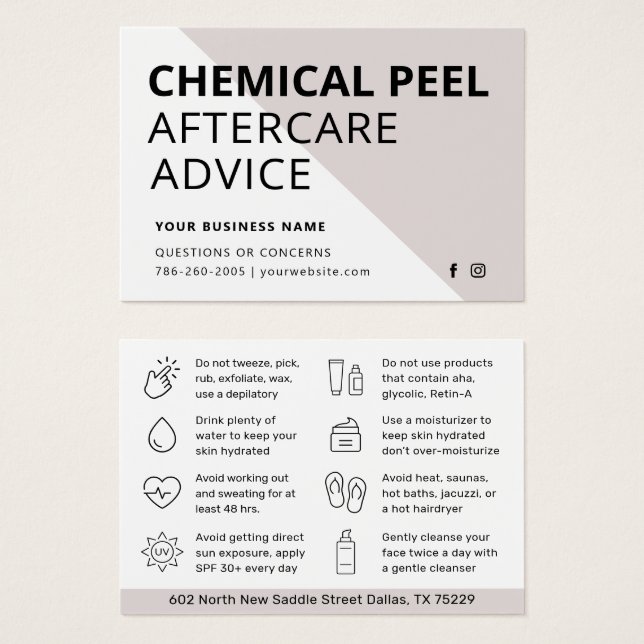 Einfache chemische Peel-Aftercare-Instruktionskart (Vorne & Hinten)